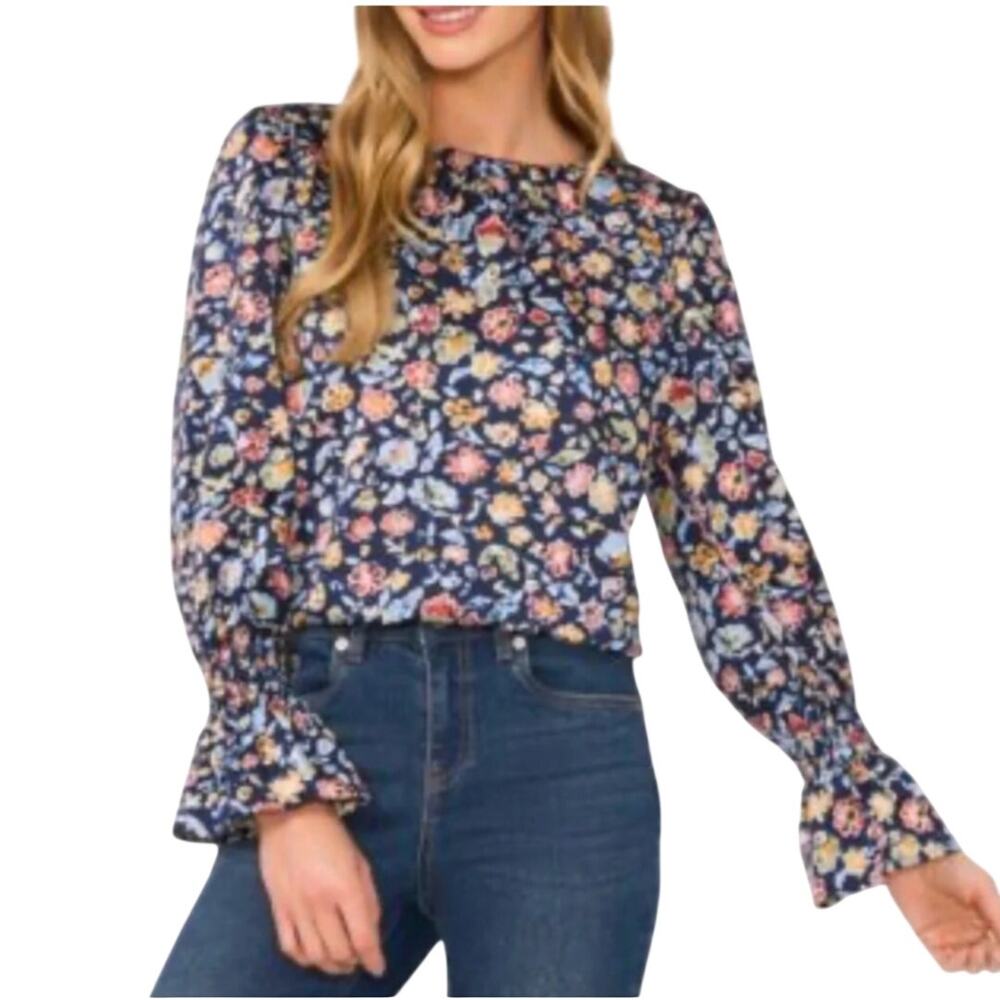 CeCe Floral Navy-red-orange Smocked Cuff Long Sleeve Blouse Women size S